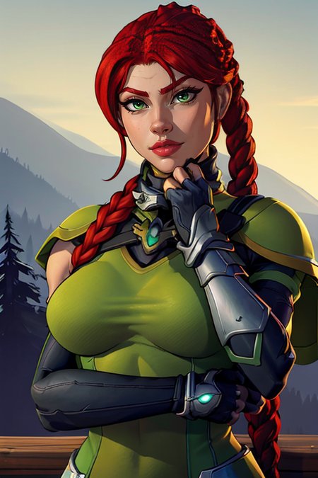 masterpiece,best quality,extreme detail,8k,image sharpness,<lora:Cassie:0.8>,cassie2,1girl,solo,long hair,breasts,gloves,medium breasts,green eyes,upper body,braid,red hair,elbow gloves,fingerless gloves,armor,lips,nose,gorget,