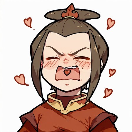score_9,score_8_up,score_7_up,score_6_up,score_5_up,score_4_up, AyanamiBarrageMeme, chibi, closed eyes, open mouth, > <, heart in mouth,  azula, fire nation outfit, rose petals, (face focus), (head focus), white background