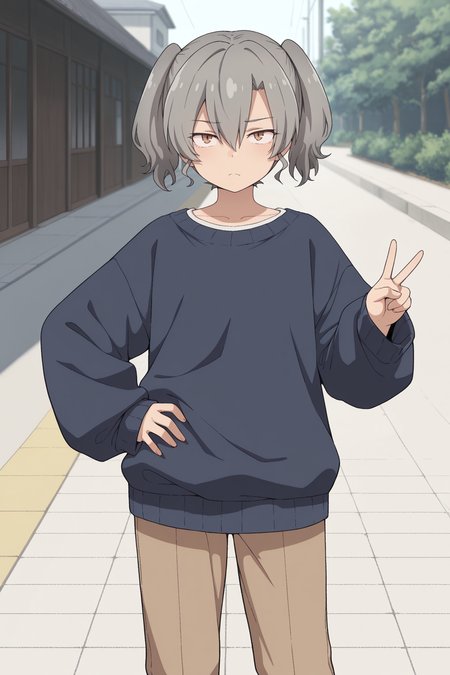 masterpiece, best quality, amazing quality, 1girl, sh10r1s41t0u, grey hair, short hair, twintails, hair between eyes, brown eyes, dark blue sweater, oversized_clothes, brown pants, outdoors, aesthetic, hand on own hip, v, solo