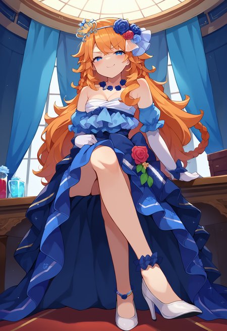 score_9, score_8, score_7_up, hd, (ultra hd quality details), source_anime, indoors,
solo, 1girl, medium breasts,
gibarae, orange hair, otgbecind, braid, hair flower, blue rose, tiara, blue dress, layered dress, necklace, strapless, bare shoulders, white gloves, elbow gloves, red flower, anklet, white footwear, high heels,
looking at viewer, blush, smug, 
sitting, crossed legs, from below,
<lora:_otogibara_era-elesico-pony:1>