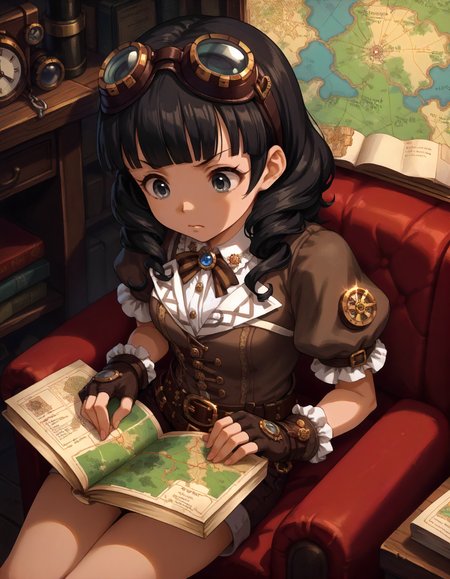 score_9,score_8_up,score_7_up,1girl,solo,sitting,box,reading,looking down,puzzled,(frown:0.2),map,steampunk,from above,
<lora:ujiiemutsumi_ponyXLV6:0.8>,cgum,black hair,medium hair,twin drills,blunt bangs,grey eyes,
goggles on head,puffy short sleeves,belt,short pants,fingerless gloves