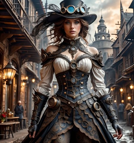 RAW photo, (masterpiece:1.3), subsurface scattering, heavy shadow, (high quality:1.4), (intricate, high detail:1.2), professional photography, HDR, High Dynamic Range, realistic, ultra realistic, photorealistic, high resolution, film photography, ambient lighting, atmospheric effects, <lora:detail_slider_v4:2>, OverallDetail,   <lora:SteampunkChar:1>, 1girl, armor, bare shoulders, black gloves, black headwear, black pants, blue eyes, brown hair, dress, fingerless gloves, frills, goggles, hair ornament,  jewelry, lips, looking at viewer, makeup, necklace, outdoors, realistic, simple background, solo, standing, steamchar, water, white shirt