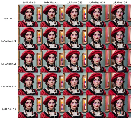 medium shot of a woman with dark hair wearing (a Victorian dress) and (a red beret) with (rainbow palette colored eyes) in a museum.