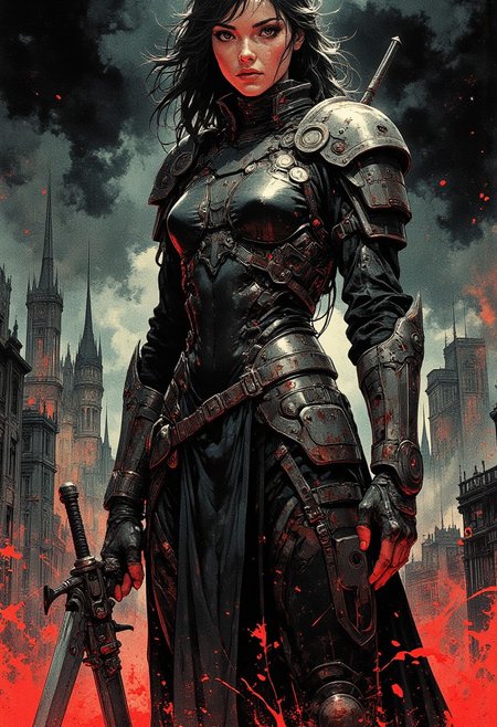 gantz, (style of jean delville). ,beaytiful woman  emerges from the black fog, Intricate, High Detail, Sharp focus, dramatic, gantz-advancedsuit,<lora:gantz-advancedsuit_v10:1> ,Slim and muscular physique,Panorama of the Medieval. city,dark smoke,bloodyface,