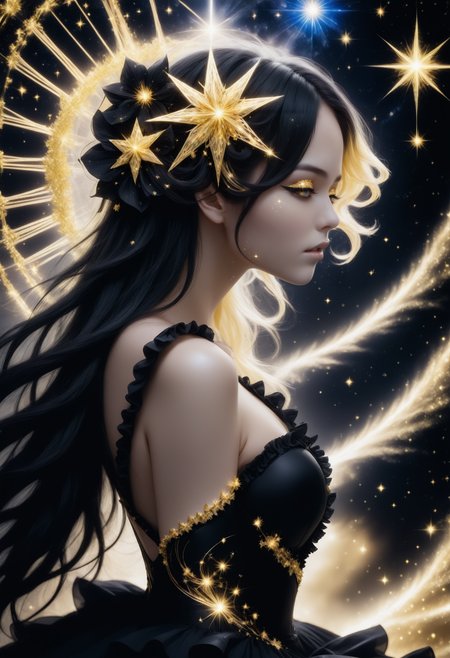 side view, close up, anime style, 2d,1woman in a black ruffled dress, golden stardusted melt, starHC, Haute Couture fashion style, stardust hair accessoire <lora:starHC-000003:0.9>
