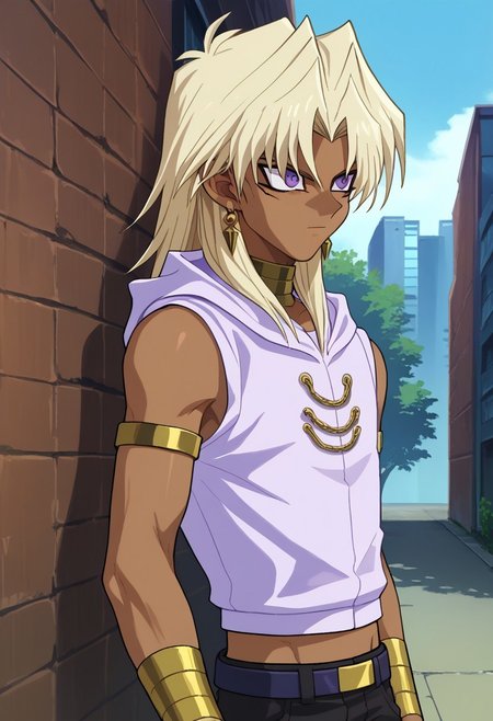score_9, score_7_up, source_anime
marikuish, 1boy, male focus, solo, dark skin, dark-skinned male, purple eyes, blonde hair, long hair, parted bangs, jewerly, earrings, neck ring, armlet, hoodie, hood, purple hoodie, sleeveless hoodie,
outdoor,
