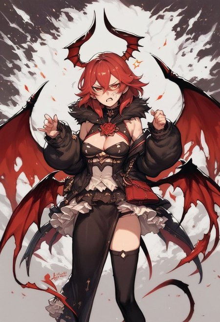 score_10, score_9, score_8_up, tsundere fallen angel girl with demonic red wings, source_anime, kawai, cute
