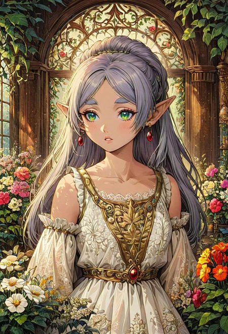 masterpiece, ink art, painting of a young female Frieren with a long flower dress, in the style of a bride, white long hair, pointy ears, earrings, collarbones, green eyes, silver eyebrows, thick eyebrows, full-round lips, parted lips, long eyelashes, silver eyelashes, dark pupils, blushing, fair skin,
style by Eduard Veith, Milton Glaser, Esteban Cortazar, Patrick Kelly, Lotta Jansdotter, 
flowery background, beautiful indoor, decorated with plants, flower petals, warm lighting, volumetric lighting, ethereal background, extremely detail, Victorian style, ornated background, 
BREAK,
long flower dress, silk white dress, sleeveless, frills, flower pattern on dress, fine texture,