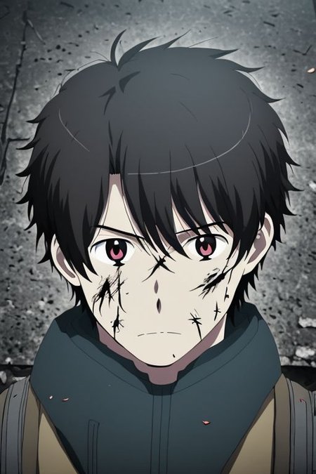 high resolution, solo, best quality, 1Boy, Portrait, Inaho Kaizuka, Black Hair, fell down, revenged, conquered, dying, battered, bruised,