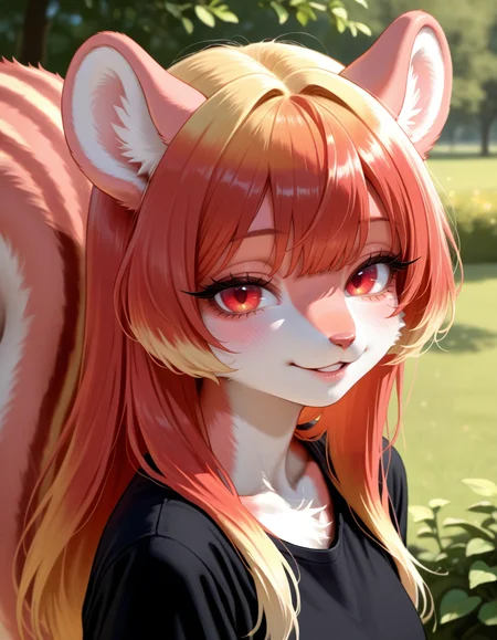 masterpiece, best quality, very aesthetic, absurdres,
outdoors,
headshot, face focus,
black shirt, 
 seductive smile, parted lips, long eyelashes,
<lora:Namuta_v01_NAIXL:1>
Namuta,1girl,solo,furry,furry female,squirrel girl,squirrel ears,long hair,multicolored hair,red eyes,animal nose,body fur,squirrel tail,
