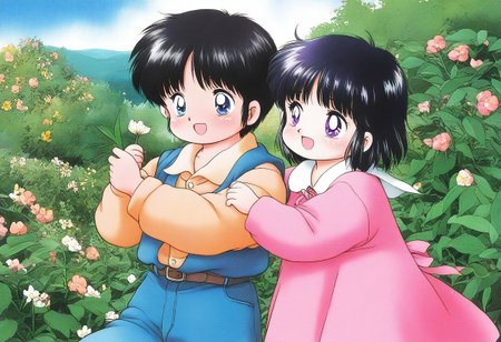 lazympos, very awa, general,highres, ultra-detailed,very aesthetic,best quality ,best hands, BREAK retro_artstyle, retro, retro anime artwork, 1980 \(style\), vibrant colors, sfw, Konohara_Konomi, 1girl, short hair, black hair, purple eyes, [Corio, 1boy, short hair, blue eyes, bangs, black hair], smiling, happy, kawai, playing, in the garden, flowers, happy, summer time, cowboy shot,