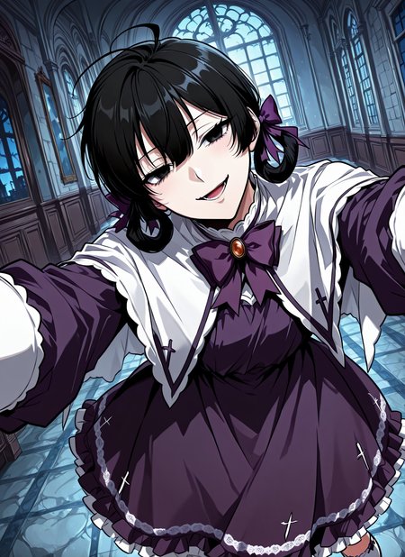 <lora:Asmodeus___Omniscient_Readers_Viewpoint__Illustrious:1>
solo, black hair, black eyes, short hair, twintails, braid twin braids, bangs, ahoge, hair between eyes, hair rings,
purple dress, frilled dress, bow, hair bow, long sleeves, purple bow, frills, purple bowtie, high white socks, white capelet
score_9, score_8_up, score_7_up, score_6_up, source_anime, rating_explicit, 1girl, solo, evil smile, alcalose eyes, open mouth, mansion, indoors, looking at viewer, outstretched arms, pov, close-up, (head tilt:1.2), <lora:iLLMythG0thicL1nes:1>