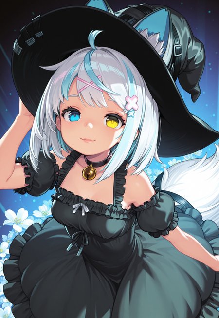 1girl, solo, 18 years old, dohna art,

white hair, multicolored hair, two-tone hair, streaked hair, blue hair, medium hair, ahoge, heterochromia, yellow eyes, blue eyes, x hair ornament, animal ears, fox ears, fox tails, black choker, neck bell, small breasts,  short sleeves, frills, detached sleeves, puffy sleeves, black dress, puffy short sleeves, black headwear, witch hat, frilled dress, flowers, 

looking at viewer, simple background, colorful background, magical aura, nose, lips, eyelashes, suggestive smile, 

masterpiece, 8k, absurdres, best quality, dynamic lighting, still pose, dynamic angle, detailed, depth of field, dynamic lighting, blurry, very aesthetic, emotive, nostalgic, (clear eyes:1.2),( detailed eyes:1.2)