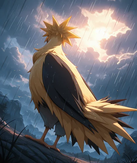 ((vibrant, detailed, detailed background, amazing quality, colorful, masterpiece, 8k, rtx)), beutiful background, 
<lora:zapdos-illus-14:1> pzapb, pokemon \(creature\), bird, 1other, cloud, from below, standing, low angle, arms at side, looking up, dynamic angle, after rain, from behind, dot eyes,