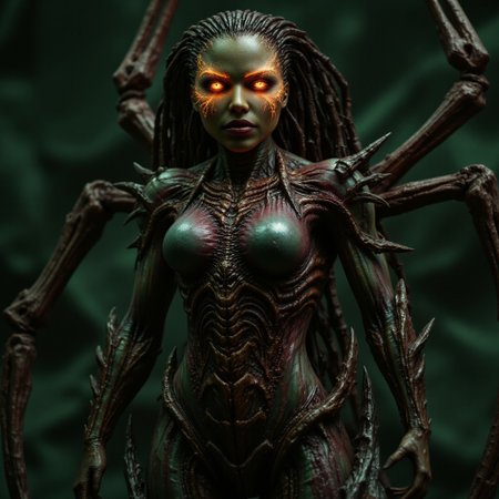 aidmafluxpro1.1, aidmarealisticskin, The image is a photograph of a female humanoid alien figure, likely a movie poster. The creature has an elongated, humanoid body with a female, muscular, athletic build. Its skin is a blend of dark green and reddish tones, with a scaly, textured surface that suggests a reptilian or insectoid origin. The creature's face is striking, with sharp, angular features, glowing yellow eyes, and a mouth filled with sharp teeth.
