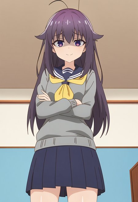 masterpiece, best quality, absurdres, very aesthetic, aesthetic, 1girl, ct_ank0, grey sweater, blue sailor collar, yellow neckerchief, puffy sleeves, blue miniskirt, looking at viewer, standing, shiny skin, indoors, smile, crossed arms, from below, shaded face,<lora:Anko_Koshi_XL_ct_ver2:0.9>