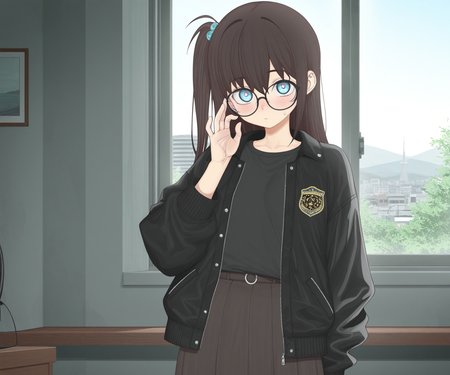 masterpiece, best quality, amazing quality, , 1girl, solo,  looking at viewer, shirt, skirt, jacket, <lora:DECO style ILL-v2:1> decostyle, detailed background