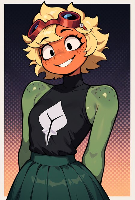 <lora:solarflare-09:1> solarflare, blonde hair, 1girl, red goggles on head,  short hair, black shirt, freckles, dark green skirt, ((anthro, no ears, short snout,  )),green skin, turtle neck, , green skirt, spikey hair, big smile, teeth,  (orange face) , green neck,  sleeveless, pose, no ears, earless,  shirt print, shirt over skirt, big anthro hands, flat hands, round face, circular face,  no humans, monster girl,, flat hands, green arms,, masterpiece, best quality, amazing quality, very aesthetic, absurdres, newest,, upper body, halftone effect, white borders, abstract background:1.2,