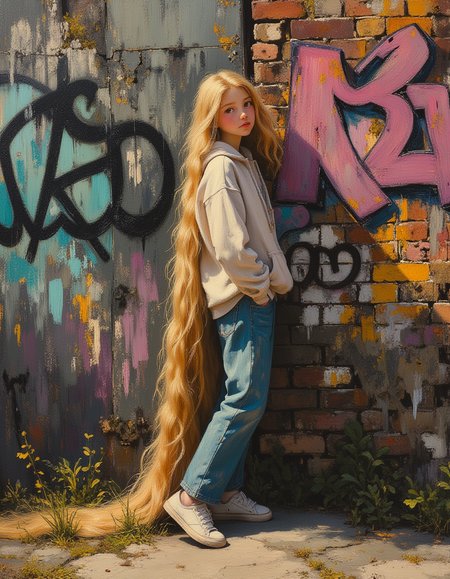 An oil painting of a young teen Rapunzel stands serenely in front of a graffitied brick wall, her expression calm and contemplative. She is dressed in street clothes: a loose-fitting hoodie, faded jeans, and sneakers. Her 70 foot long golden blond hair, loose and natural, gently frames her face and pools around her feet. The graffiti behind her is a riot of colors and styles, featuring abstract shapes, bold tags, and intricate illustrations. Despite the vibrant chaos of the urban artwork, the girl's presence exudes a sense of tranquility and peace, creating a striking contrast. The late afternoon sunlight casts a warm glow, highlighting the textures of the brick wall and the details of the graffiti, while her soft, relaxed demeanor brings a sense of stillness to the scene.
Oil painting by John Singer Sargent. Focus on the girl, shadow and light, Masterpiece, intricate lines, intriguing atmosphere, sharp magnificent details, delicate features, elaborate details, (2\3 rule composition:0.5), ultra detailed, romantic, Rembrandt lighting, brush stroke, lovely, novuschroma, del1cate_balance style, in the style of Rembrandt. vantablack <lora:style_of_Rembrandt_FLUX_135:.8> <lora:- Flux1 - vanta_black_V2.0:.3> <lora:113_novuschromaFLX_1:.4>  <lora:Delicate_Balance:.3> <lora:neeeg_f1:-1>
 <lora:zavy-disney-rapunzel-fxl:.5>
