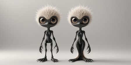 Isolated in front of a white papyrus background.

A cute alien lifeform, vivid and three-dimensional, black and auburn, muted colors, translucent, matte. (Hairy, fluffy:0.6).

off_center, 