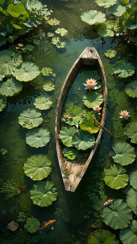 Tatsuro, top view, a small wooden boat floating in the pond, with lotus leaves and a few small fish swimming in the pond. A little boy is lying on the small wooden boat, with their back to us, It has a fresh and peaceful atmosphere, Graphic illustration 
award winning artwork,
many details, extreme detailed, full of details,
Wide range of colors., Dramatic,Dynamic,Cinematic,Sharp details
Insane quality. Insane resolution. Insane details. Masterpiece. 32k resolution.
 <lora:add-detail-xl:0.65> <lora:casting shadow style v2:0.1> casting shadow style, cucoloris patterned illumination <lora:CinematicStyle_v1:0.1> <lora:Disturbia:0.15> <lora:dvr-lnds-sdxl:0.1> dvr-lnds-sdxl <lora:MJ52:0.2> <lora:princess_xl_v2:0.1>  <lora:ral-dissolve:0.1> ral-dissolve <lora:ral-ertmsphr:0.1> ral-ertmsphr  <lora:ral-porcelain:0.3> ral-porcelain <lora:ral-pxlprtcl:0.31> ral-pxlprtcl  <lora:xl_more_art-full_v1:0.5>