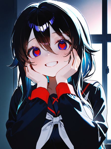 ningen mame <lora:Ryoba4XL:1>Ryoba_YS, 1girl, long hair, low ponytail, serafuku, white neckerchief, school uniform, <lora:spo_sdxl_10ep_4k-data_lora_webui:0.5>, heart-shaped eyes, solo, smile, yandere, masterpiece, best quality, amazing quality, very aesthetic, absurdres, newest, soft lighting, blush, hands on own face, large breasts, dark, grin