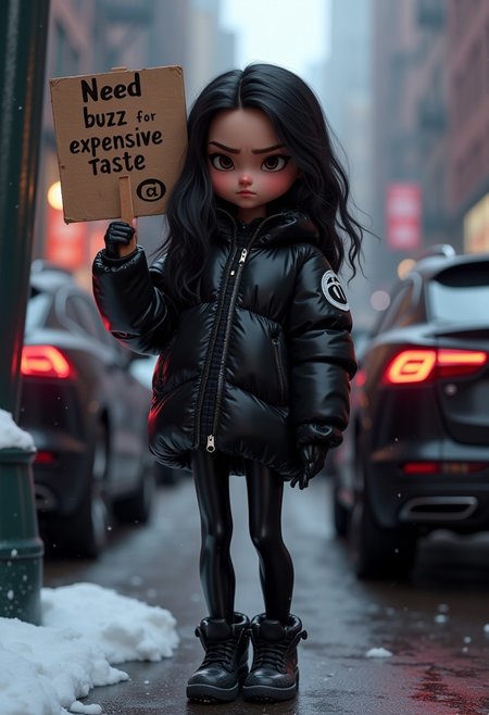 Digital artwork of Violet Parr, in a super crisp Pixar style 3d rendering from the second Pixar film of "the incredibles" very cynical and bored looking at viewer, wearing a super duper expensive Balenciaga oversized puffy black glossy winter Parker and an overall Hypebeast fashion style outfit , tight black latex leggings and amazing  Hype sneakers with fat soles,  the image reflects the iconic style of a high fashion photo shooting and the overall feeling of a spoiled generation Z girl, looking cynical,   young, sleepy eyes, 22year old girl, surrounded by super suvs such as Lamborghini urus or Ferrari Purosangue,  high end image, the girl is supposed to be a Billionaire Superhero, Cold winter day in New York City, snow on streets, super beautiful detailed eyes, standing at street leaning at wall,  the logo on the jacket features the iconic logo from the incredibles superhero company in a black and white only style, the girl has black hair and brown eyes, She is holding up a cardboard sign that reads, "need buzz for expensive taste"