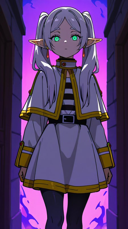 ,masterpiece,best quality,newest, <lora:Haunted_Glow-000009:1.0> hauntedglow, glowing eyes, 1girl,   <lora:FrierenIXL:0.3>zzFrieren, long hair, twintails, green eyes, grey hair, pointy ears, elf, shirt, long sleeves, jewelry, earrings, striped, capelet, striped shirt, white skirt, black pantyhose, looking at viewer