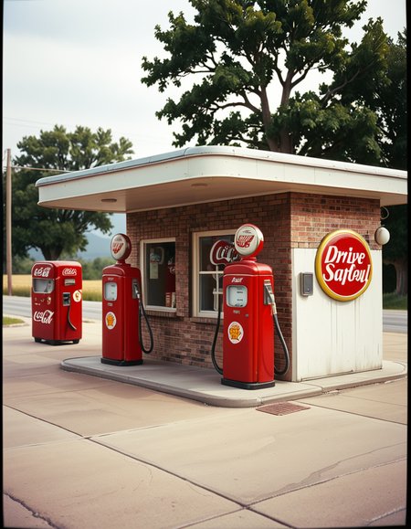A realistic vintage photograph of a 1950s American gas station with no people present. The small brick building has a flat roof with a wide canopy extending over two classic red gas pumps from the 1950s, featuring chrome details, round meters, spiral hoses, and retro branding like "Texaco" or "Shell".The ground is old concrete with cracks and oil stains. Beside the station, there's a vintage Coca-Cola vending machine and a hand-painted wall sign that reads âDrive Safely!â. The sky is lightly overcast, casting soft shadows and a nostalgic mood. In the background, leafy trees, distant low hills, and an empty country road stretch into the distance. The photo has a slightly faded, desaturated color palette with warm vintage tones and a subtle grain, mimicking the look of 1950s Kodak film photography. The overall atmosphere is calm, quiet, and deeply nostalgic.
<lora:SDXLFaeTastic2400:0.4> <lora:extremely_detailed:0.4> extremely detailed, <lora:1950s_American_gas_st4t10n:1>,1950s American gas st4t10n, Masterpiece,best quality,hi res,8k,hi res,8k,award winning,(sharp focus, intricate, highly detailed),