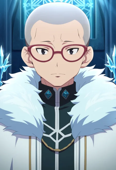 masterpiece, best quality, intricate details, anime screencap, , official style, looking at viewer, 1boy, solo, male focus, <lora:konekomaru_miwa_ilxl:0.94>, konekomaru_miwa, grey hair, black eyes, bald, glasses, red-framed eyewear, , ice palace, frozen throne, crystal chandeliers, frost patterns, regal pose, dignified expression, filtered sunlight,
