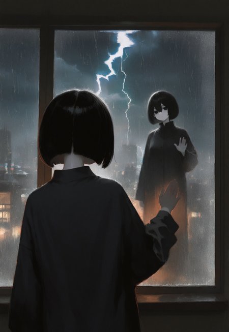 masterpiece,  best quality, good quality, very awa,  very aesthetic, absurdres, newest, 8k, HDR, focused subject, oc-chan_(ketopon), 1girl, solo, black hair, bob cut, hair between eyes, black eyes, solid eyes, expressionless, looking to the side, head tilt, pale skin, black pajamas, long sleeves, standing, large window view, penthouse, modern interior,  hand up, touching window glass, cityscape, modern architecture, night, city lights, skyscrapers, storm, lightning storm, lightning, rain, raindrops running down on window, large window, reflection, face reflecting on window,full body, from behind, upper body, close up, dim lighting, indoors, volumetric lighting, shapes, glitch, (glitch art), intricate, no lineart, no outline,painterly, crying_illu, G0zeNA_illu