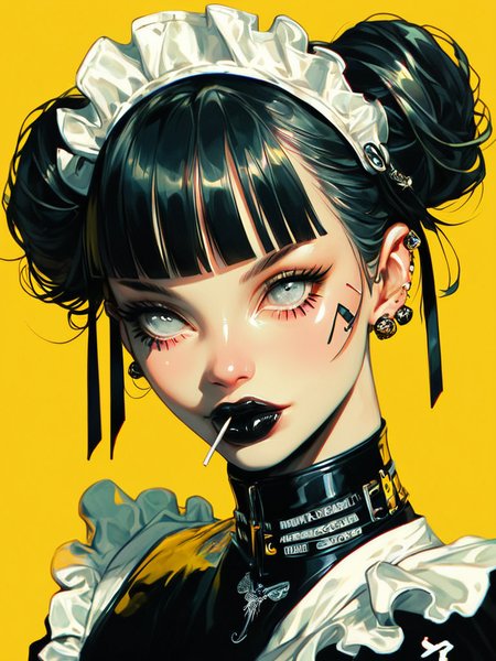 score_9, score_8_up, score_7_up, score_6_up, BREAK,
portrait, upper body, 
1girl, medium hair, blunt bangs, cyberpunk, 
juicy_lips, shiny lips, black lips, black hair, maid headdress, latex, shiny clothes, 
head tilt, tongue out, v, facing viewer, looking at viewer, naughty face, big eyes, straight hair, makeup, gothic, white eyes, lollipop, 
simple background, yellow background, yellow theme, piercing, earrings, light smile, double bun, 
chromatic aberration, vivid_colors, black graffiti "Psychedelic", X_eyes, + +,  
<lora:xl_more_art-full_v1:0.45>,
 <lora:Psychedelic_Stylized:1>