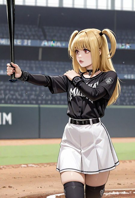 (1girl:1.2), (general:1.3), (masterpiece:1.2), newest, <lora:IchiroBattingStance_ill_v01:1>,amane_misa, blonde hair, 1girl, solo, two side up, goth fashion, (holding, holding baseball bat, baseball bat:1.2), outstretched arm, (hand on own shoulder:0.7), skindentation