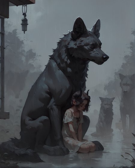 score_9, score_8_up, score_7_up, score_6_up, young girl taking shelter under large wolf, sitting, huddle, 1girl, rain, black horns, moody, fog, vignette, closed eyes, emotional, otherwordly, soothing, black clouds, shadow, depressed, (flat chest:.3), <lora:Concept Art Twilight Style SDXL_LoRA_Pony Diffusion V6 XL:0.8> <lora:pale_demon:.5> 1girl