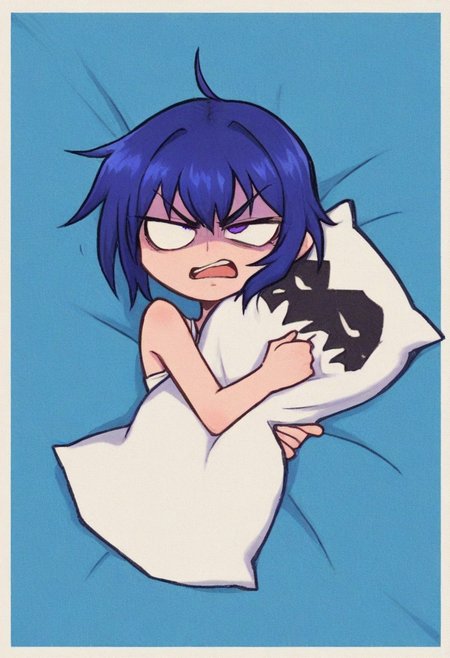 IllustriousQual, masterpiece, best quality, amazing quality, very aesthetic, absurdres, 1girl, solo, cute pattern background, border, lace background
Arin(Pangya), blue hair, bangs,purple eyes, 
solo, hugging pillow,  lying, on side,, angry, rage, furious,  half-closed eye, v-shaped eyebrows, open mouth,shouting,, straight on,
<lora:ValbunStyle-IL:0.9> valbun,