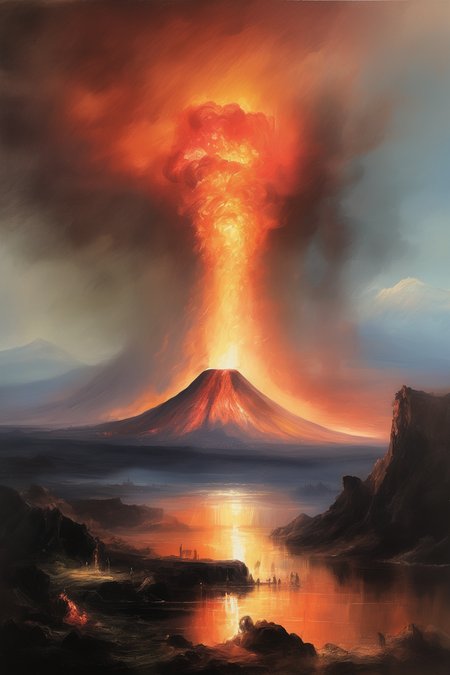 John Martin Style - a beautiful summer evening overlooking a volcanic eruption with lava spewing out of the top, luminism in the style of jmw turner, include brush strokes and incredible detail with every colour imaginable