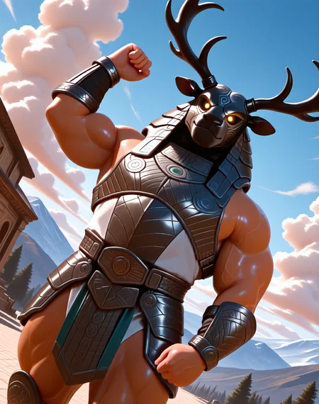 <lora:Jaffa_(Stargate)_(Illustrious)_(AD):1.35> Jaffa, muscular, Stargate,
dutch angle, exterior, vivid blue sky with fluffy detailed clouds, dynamic pose, dynamic action, bent leg, cowboy shot, camera at eye height, Celtic wood buildings, 
elk jaffa, Celtic mythology, solo, male focus, mighty, powerful, villain, no pants, no shorts, chest armor, green and black and brown outfit, Cernunnos theme, fir trees, 
BREAK: very awe, aesthetically pleasing, masterpiece, best quality, amazing quality, vivid colors, 
BREAK: lazympos, lazypos (2),