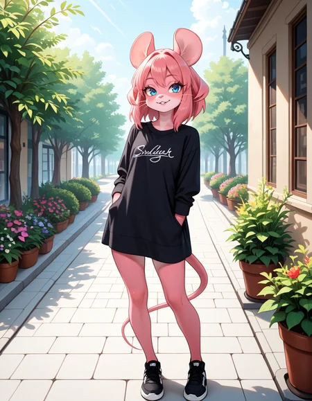 masterpiece, best quality, very aesthetic, absurdres,
outdoors, casual, 
full body, standing, posing, 
 seductive smile, parted lips, long eyelashes,
 <lora:Mouse_Girl_v01_NAIXL:1>
M0sgr1,1girl,solo,furry,furry female,mouse girl,mouse ears,pink hair,short hair,blue eyes,snout,animal nose,whiskers,buck teeth,body fur,pink fur,mouse tail,