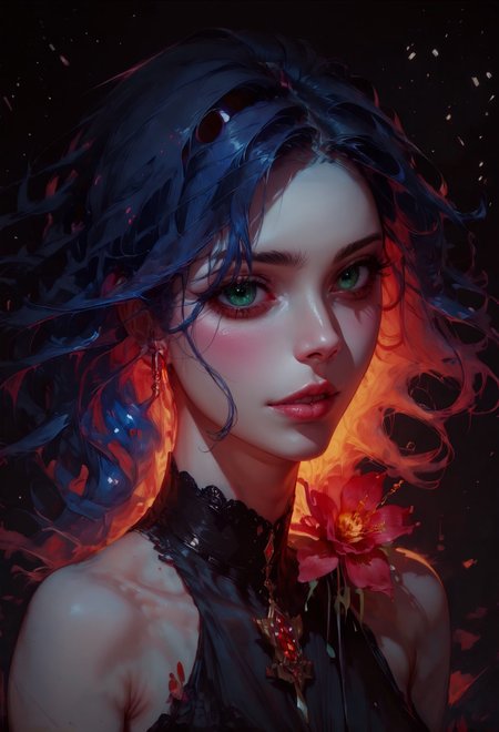 score_9, score_8_up, score_7_up, 1girl, realistic, long hair, wind, galaxy, solo, black dress, floral theme, from front, facing viewer, milky way, (red glow, red hue, red glowing flowers)  <lora:sdxl\Concept Art Twilight Style SDXL_LoRA_Pony Diffusion V6 XL:0.8>, concept art, <lora:sdxl\Expressive_H-000001:0.8>, expressiveH <lora:sdxl\pony_vixon_galaxy:0.7>, g4l4xy <lora:sdxl\sinfully_stylish_SDXL> <lora:sdxl\pony_vixon_red_glow:0.4>, r3dgl0w