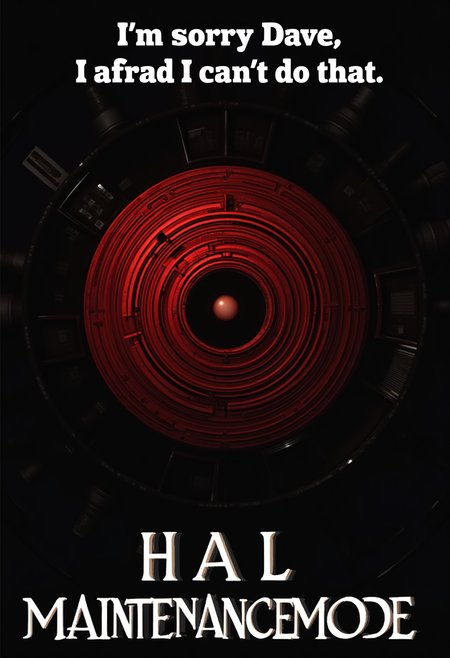 a tag line text at the top center: "I'm sorry Dave  I'm afraid  I can't do that",   detailed picture of the red camera of the HAL 9000 computer from the movie space odyssey,   in big white letter below "MAINTENANCE MODE"