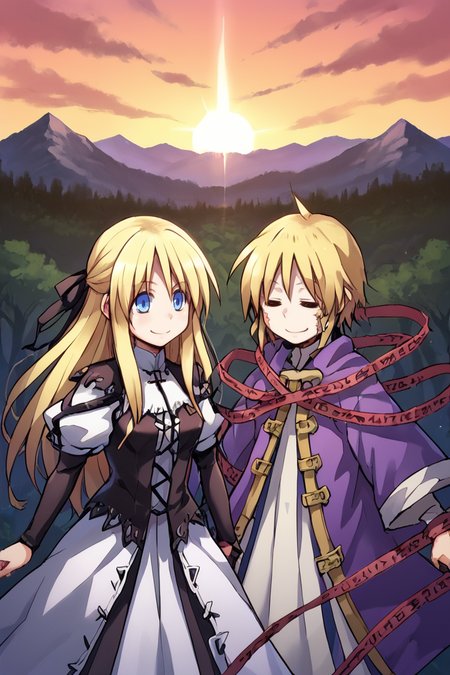 (score_9, score_8_up, score_7_up, score_6_up), source anime,  exterior, mountains, canyons, trees, scenery, sunset, 2girls, date, romantic, <lora:zy_Detailed_Backgrounds_v1:0.1> , detailed background, highly detailed,<lora:Manhwa-Artstyle__PonyXL__Shufflebox:0.4> , Manhwa-Artstyle, anime_source,BREAK<lora:Yggdra:0.8>, yggdef, 1girl, blonde hair, long hair, blue eyes,  hair ribbon, ascot, juliet sleeves, black sleeves, dress, white dress, cross-laced clothes, cross-laced dress, lace-trimmed dress, lace trim, corset, black pantyhose, cowboy shot, 2girls, smug grin,  standing,BREAK<lora:Nessiah-000013:0.7> , nesdef, 1boy, blonde hair, (closed eyes),, robe, purple robe, (hood up), white skirt, caution tape, red caution tape, chains, dominant expression, cowboy shot, flat chest, standing,    <lora:Burn_Scar_Lora:0.5> burn scar, ((burn scar on face)) burn scar over closed eyes,