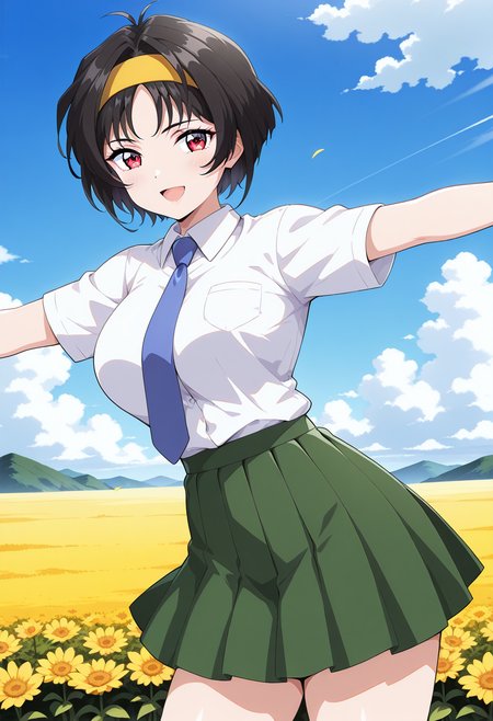 hayami_ryoko, red eyes, short hair, black hair, hairband, blue necktie, school uniform, white shirt, collared shirt, green skirt, <lora:fr_hayami_ryoko_illustrious_ver1:0.8> 
smile, open mouth,, masterpiece, best quality, general,, 1girl, solo, (field:1.2), (blue sky:1.2), looking at viewer,, (cowboy shot, dynamic pose:1.4),
