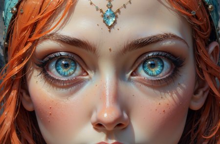 This image is a highly detailed digital photography featuring a close-up of a Goddess woman's face with fear expression. The composition uses a symmetrical approach, with the woman's face centered in the frame, creating a balanced and focused visual. The woman has striking, large eyes that dominate the image, with one eye Terracotta and the other IceBlue, both adorned with heart-shaped pupils. Her skin is pale and smooth, with subtle freckles on her cheeks. She has long, straight CoralOrange hair with a Terracotta streak on the left side, styled with a side part and a small hairband on the right. Her eyebrows are thick and well-defined, and she has long, dark eyelashes accentuated with PowderBlue eye-shadow. The lighting is soft and even, highlighting the textures of her skin and hair without casting harsh shadows. The background cute, keeping the focus on her expressive eyes and face. The overall mood is intense and captivating, with a touch of surrealism due to the heart-shaped pupils.
 <lora:DarksunRIDDV3:0.7> <lora:flux_hyperkraximalism-crazy:0.6>