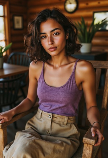 FictionalEsmeralda, tanned skin, shoulder length hair, brown hair, brown eyes, freckles.
((angry)), sitting in a chair in a purple tanktop and long beige skirt, brown female boots. in a log cabin