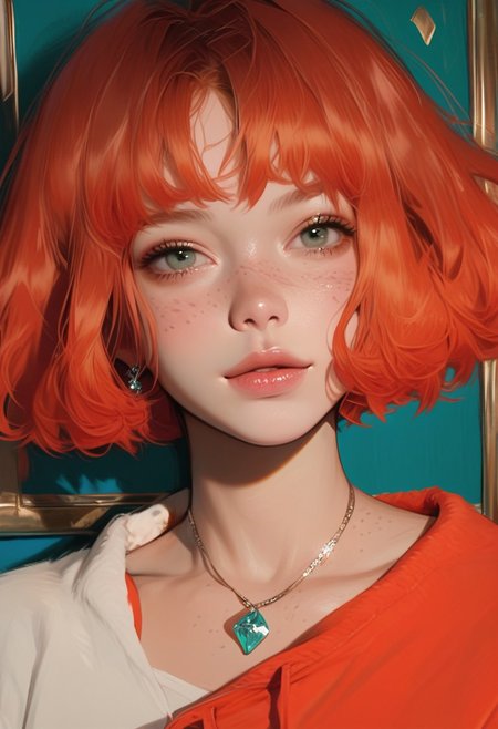 Score_9, score_8_up, score_7_up, score_6_up, score_5_up, score_4_up, there is a painting of a girl with red hair wearing a diamond necklace, 1girl, solo, freckles, choker, necklace, jewelry, short hair, looking at viewer, lips, NiO1Pji, anime,