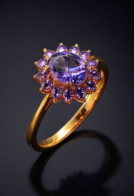 bioluminescent tenzanite ring, natural crystal, purple crystal, glowing metal, reflective, gold ring, black background
