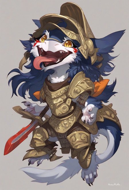 score_9, score_8_up, score_7_up, Rain Silves, yellow eyes, sergal, blue hair, furry female, solo, open mouth, teeth, tongue out, oekaki, chibi, toony, cute, helmet, armor, dual sword, polearm, colorful pillows background