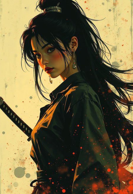 splash art, ink on rice paper, breathtaking detailed, masterpiece, awe-inspiring, radiant, magnificent, stunning oriental woman, long hair, assassin, black robes, holding katana, silhouetted, light hitting face