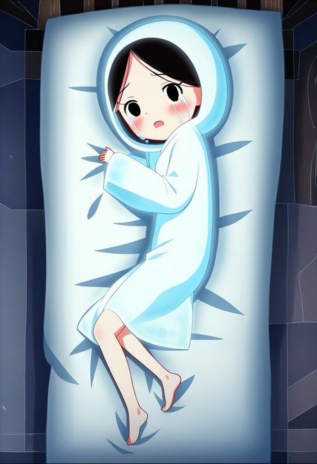 zPDXL3, source_cartoon, Perfect Hands, full body,
1girl, solo, aged down, bedroom, looking at viewer, saoirse, black hair, black eyes, blush, ghost, hood up, robe, barefoot, glowing, lying on bed, from above, lying on side, facing at viewer, feeling cold, eyes open, crying sadly, fear, open mouth, sleeve past wrist, slim body, long body, highlight cloth wrinkle, anime style,
<lora:Perfect Hands:1>  <lora:Saoirse_-_The_Song_of_the_Sea-000009:1>