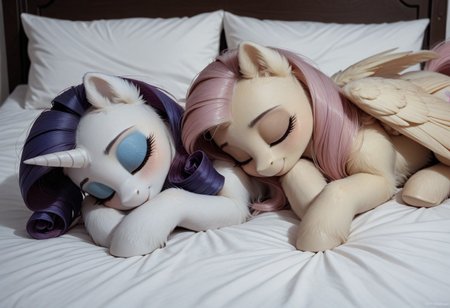 score_9, score_8_up, score_7_up, score_6_up, score_5_up, score_4_up, my little pony, ((feral pony)), intricate details, high resolution, ultra realistic textures, soft lighting, best quality rendering, Highly detailed and realistic macro artwork, irl, feral pony, pony, mare, female pony, feral, detailed, short, blushing, detailed, cute, cute face, very cute, wide hips, big hips, thick tights, lanky, fluffy, fur, short body, fluffy, fluffy chest, small, short, petite build, small, long legs, close eyes, sleeping, (rarity, unicorn), bed, lying down, realistic, (fluttershy, pegasus, wings), low light, dark theme, night, snuggling, same size, duo,